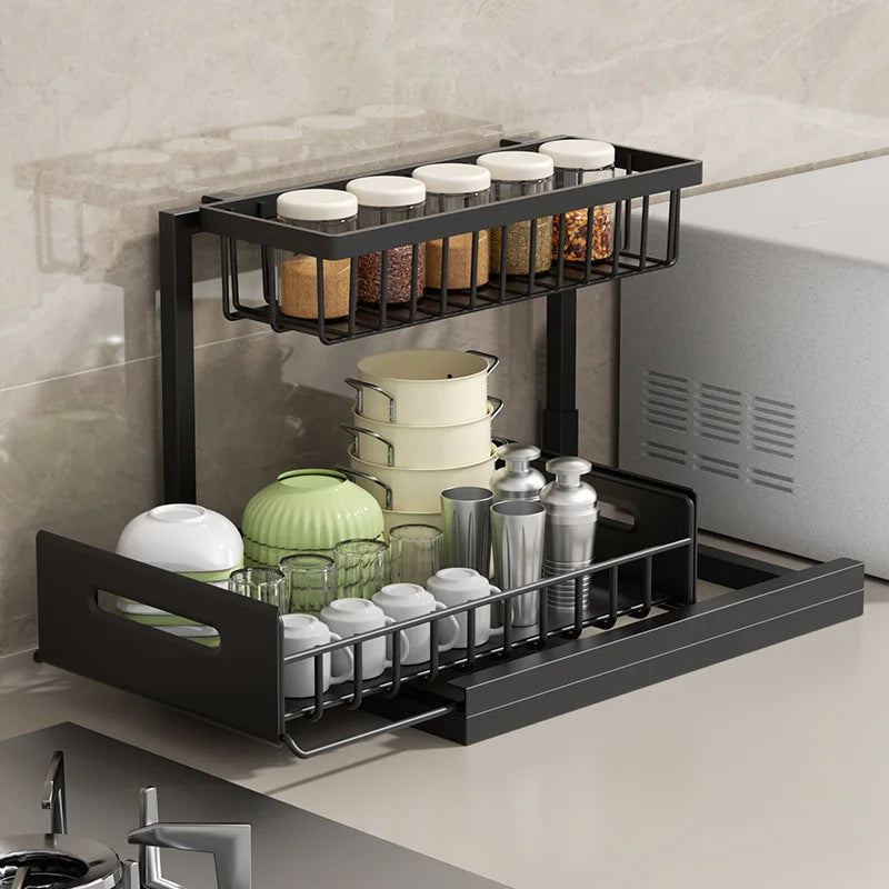 Under Sink Organizer 2 Tier Multi-Functional Kitchen Cabinet Storage Drawer Basket Spice Bottle Utensil Organizer Rack