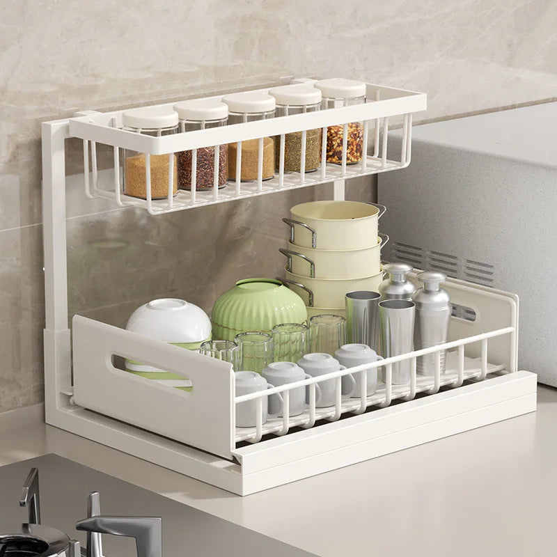 Under Sink Organizer 2 Tier Multi-Functional Kitchen Cabinet Storage Drawer Basket Spice Bottle Utensil Organizer Rack