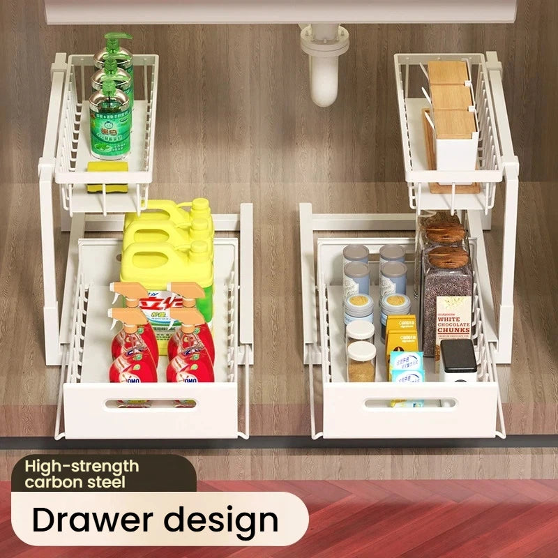Under Sink Organizer 2 Tier Multi-Functional Kitchen Cabinet Storage Drawer Basket Spice Bottle Utensil Organizer Rack