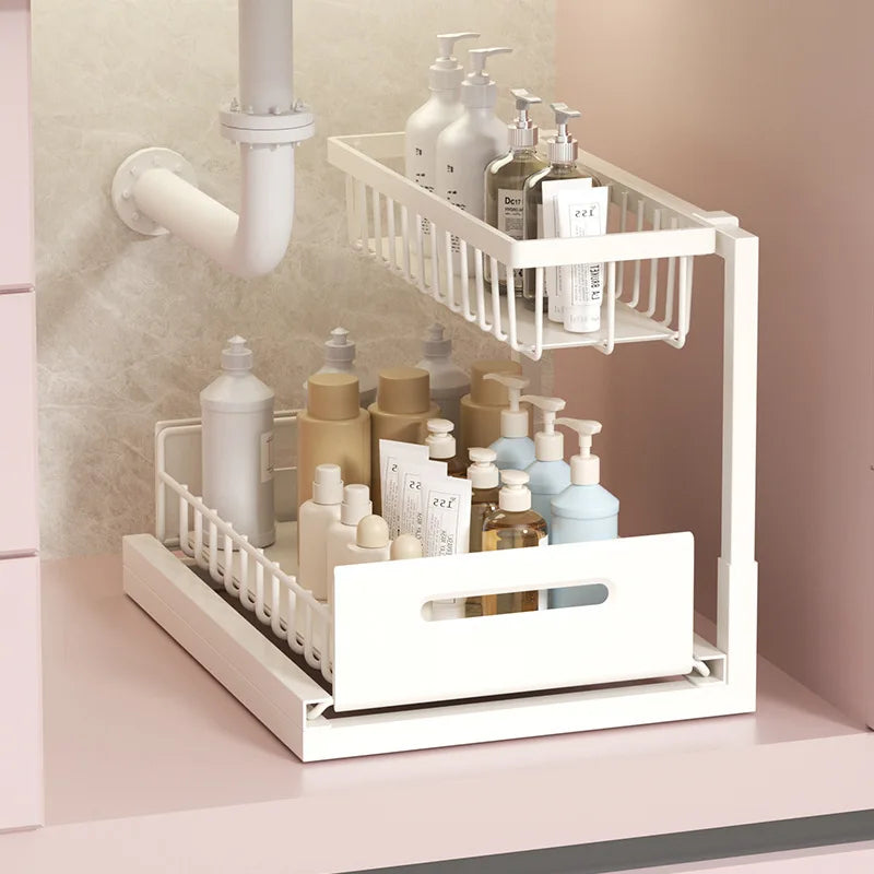 Under Sink Organizer 2 Tier Multi-Functional Kitchen Cabinet Storage Drawer Basket Spice Bottle Utensil Organizer Rack