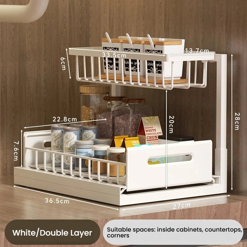 Under Sink Organizer 2 Tier Multi-Functional Kitchen Cabinet Storage Drawer Basket Spice Bottle Utensil Organizer Rack
